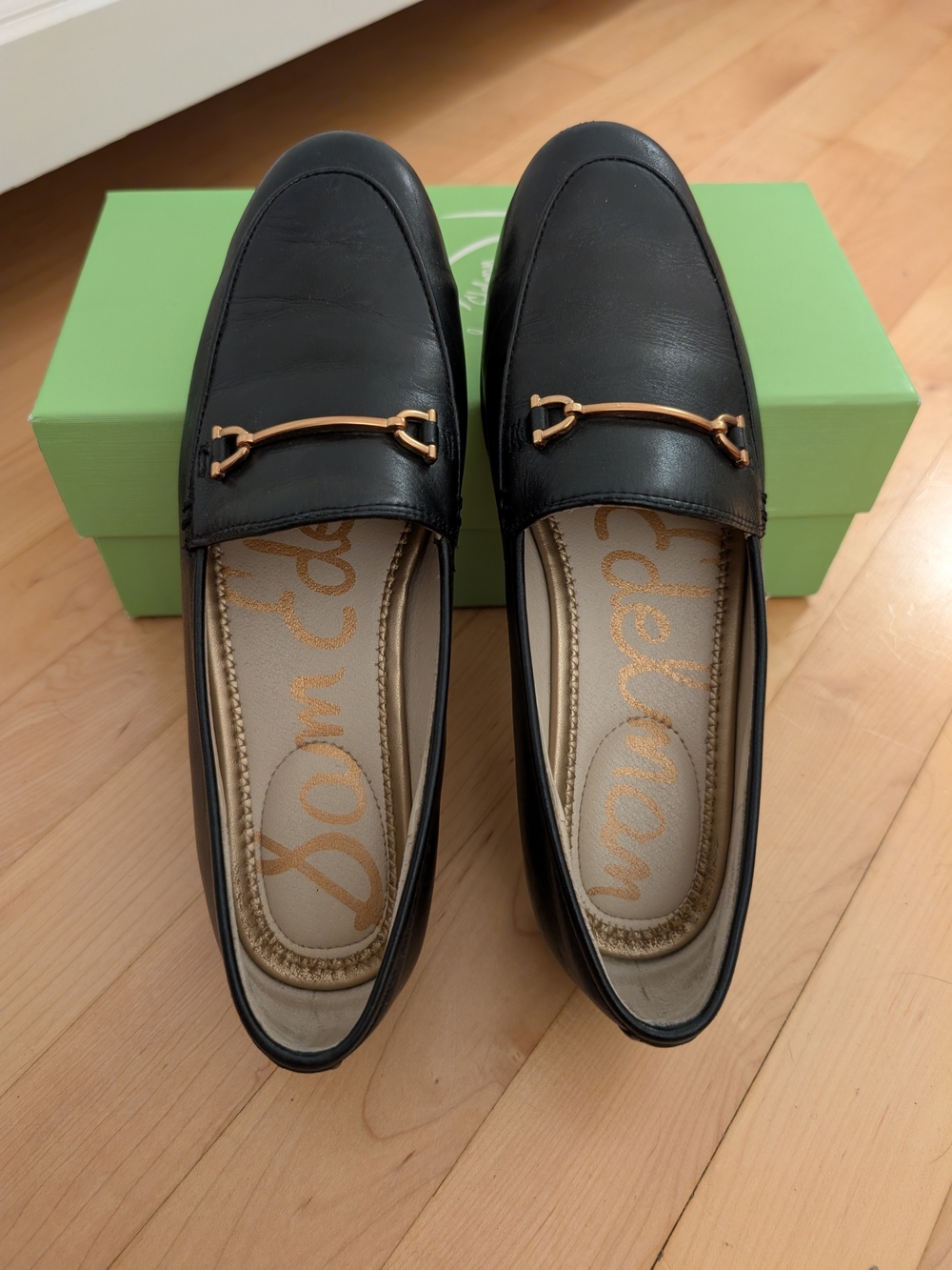 Sam Edelman Loraine Black Leather Loafers with Gold Bit, Size 6